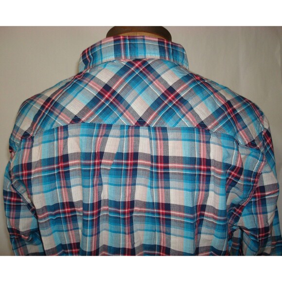 New Womens NWT M Blue White Red Pink PrAna Top Plaid Organic Casual Gina Roll - Picture 9 of 9